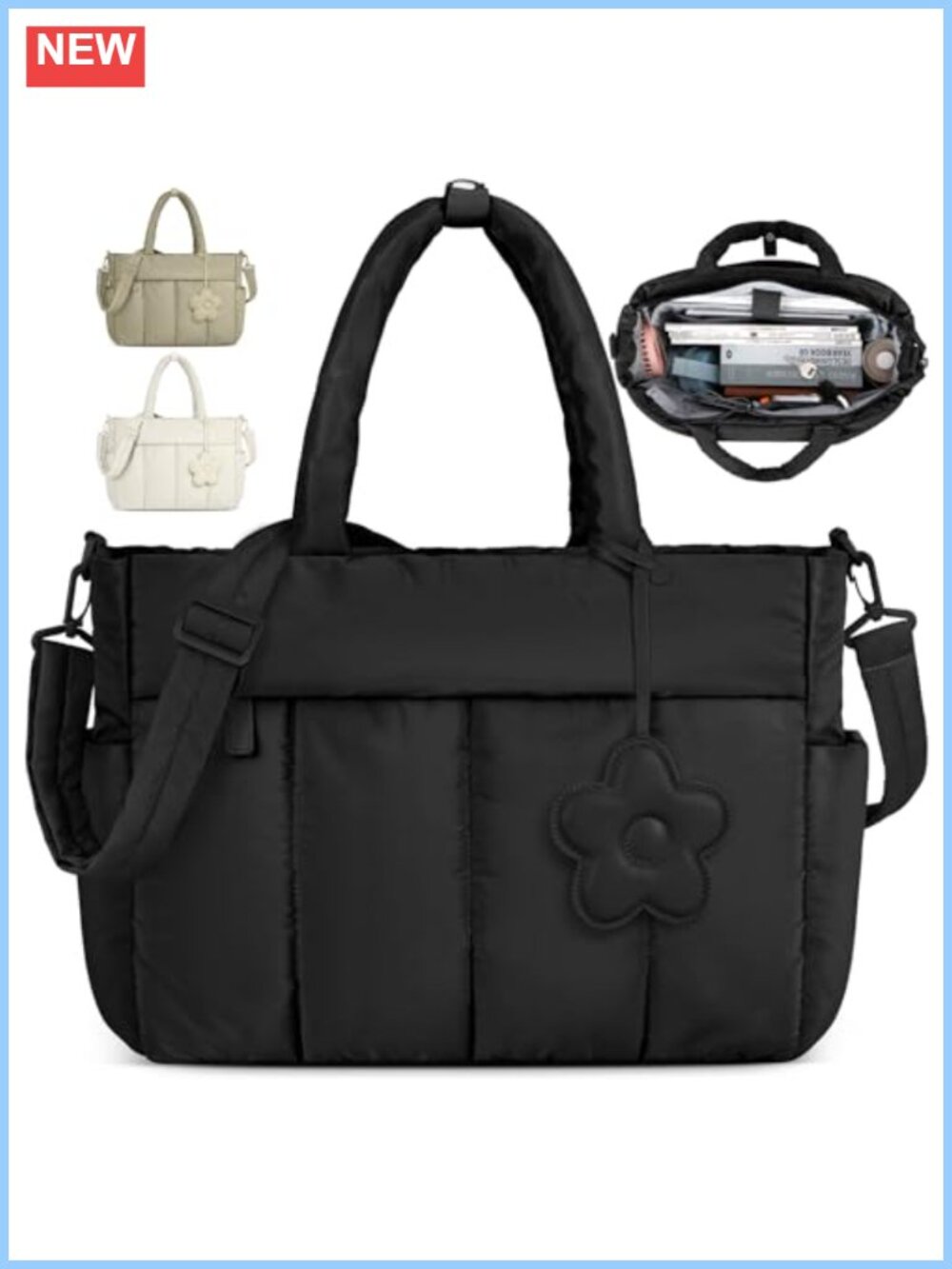 Lightweight Puffer Laptop Tote Bag for Women 15.6 Inch Quilted Work Travel Bag